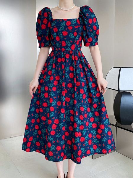 Casual Fitted Midi Dress With Rose Print, Square Neck Long Dress, Short Frocks, Long Dress Summer, Simple Frock Design, Anarkali Dresses, Long Frock Designs, Long Gown Design, Simple Frocks