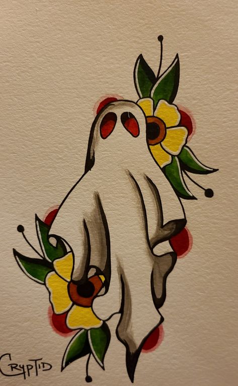 American Traditional Tattoos Ghost, Ghost Hunting Tattoo, American Traditional Ghost Tattoo, Bear Ghost Tattoo, Ghost American Traditional Tattoo, American Traditional Ghost, Pinup Ghost Tattoo, Traditional Ghost Tattoo, Tattoos Ghost