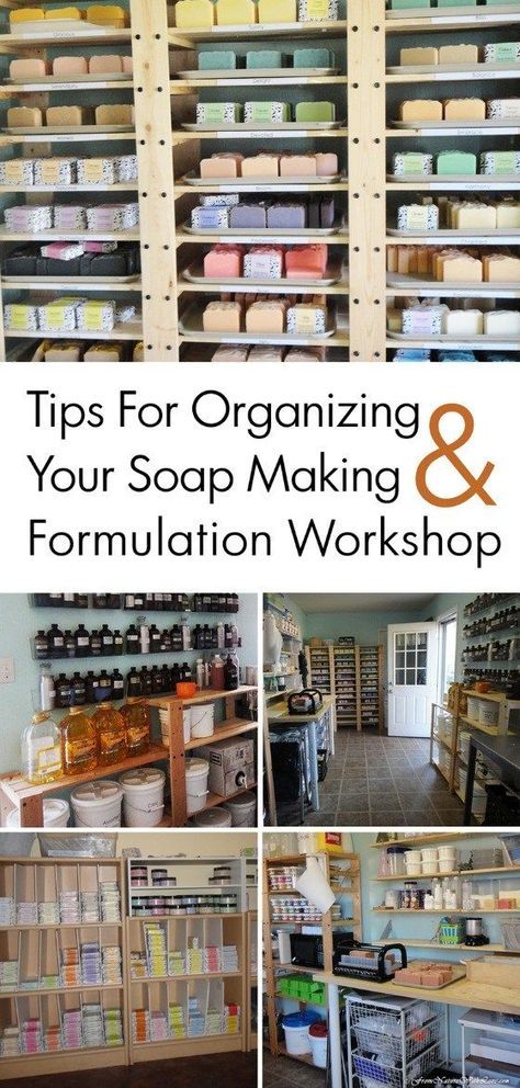 If you are a soap maker than the chances of your soap making area looking as good as these ones is pretty slim. Soap making is at times messy (yes despite all that soap) and you need quite a lot of… Beauty Workshop, Savon Diy, Soap Display, Tips For Organizing, Soap Craft, Soap Making Supplies, Soap Shop, Homemade Soap Recipes, Soap Maker