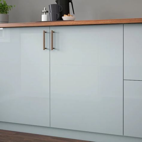 Kallarp Ikea Kitchen Grey Blue, Kallarp Ikea Kitchen, Ikea Kitchen Lighting, Flat Cabinet Doors, Flat Front Cabinets, Flat Cabinets, Grey Blue Kitchen, Light Blue Kitchens, Ikea Ireland