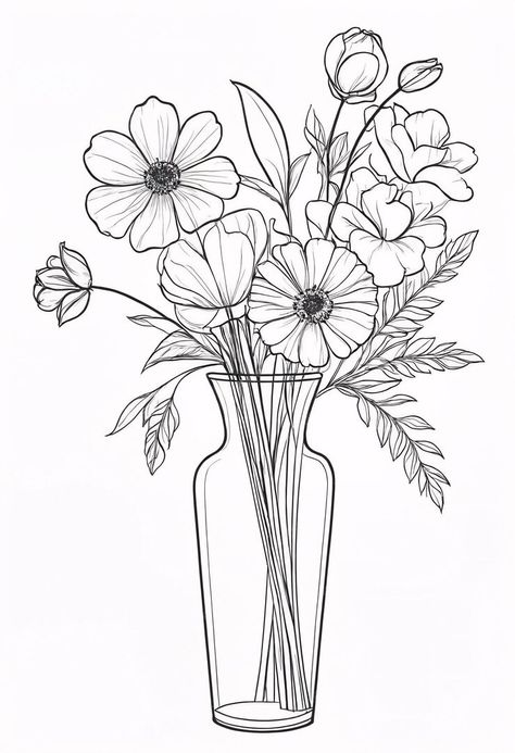 Premium Photo | A drawing of flowers in a vase coloring book illustration Flower Vase Coloring Pages, Floral Bouquets Drawing, Simple Vase Drawing, Flower Vase Drawing Sketch, Vase Drawing With Flowers, Flower With Vase Drawing, Drawing Of Flowers In A Vase, Flowers In Vase Sketch, Pot Of Flowers Drawing