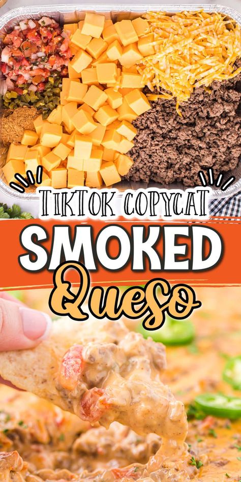 Smoked Queso Dip Smoked Velveeta Dip, Viral Queso Dip, Best Smoked Queso Dip, Large Appetizer Ideas, Smoker Queso Dip, Queso Dip Velveeta, Queso Dip Crockpot, Smoked Queso Dip, Smoked Queso