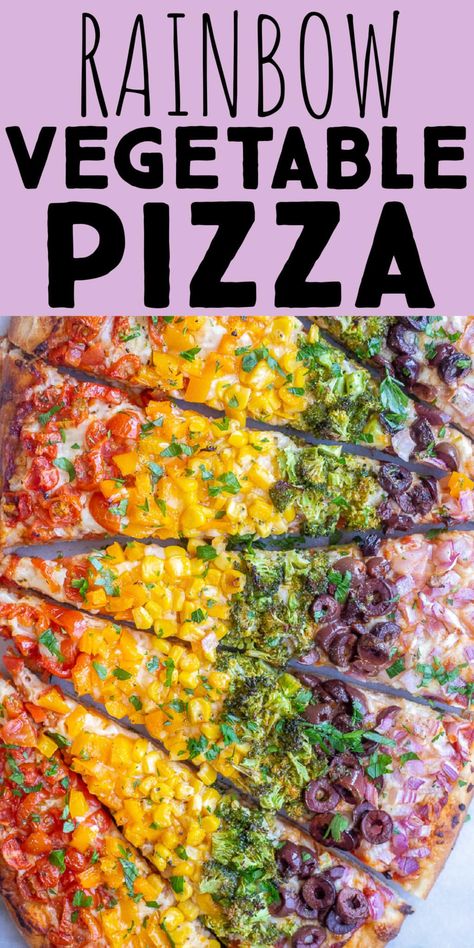 This Rainbow Vegetable Pizza is not only beautiful to look at, it's also super delicious and loaded with tons of healthy vegetables! You can use whatever veggies you like, this one is made with tomato, orange bell pepper, corn, broccoli, kalamata olives and red onion. It's fun to make with kids, and hopefully it will even convince them to try some new veggies! #rainbowpizza #kidfriendlyrecipe #pizzanight #rainbowveggies #vegetarianrecipe Rainbow Veggie Pizza, Rainbow Food Ideas Healthy, One Pizza Dough Recipe, Rainbow Meals, Rainbow Vegetables, Corn Broccoli, Rainbow Pizza, Rainbow Veggies, Orange Bell Pepper