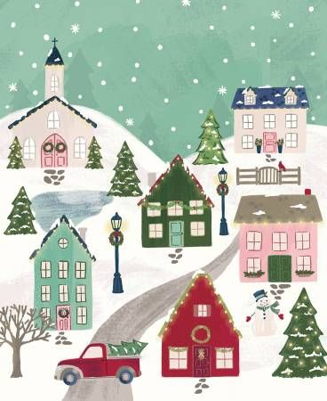 Christmas Village Panel - 889333260813 Village Quilt, Christmas Village Collections, Riley Blake Fabric, Village Scene, Christmas Villages, Panel Quilts, Christmas Memory, Christmas Quilt, Cotton Quilting Fabric