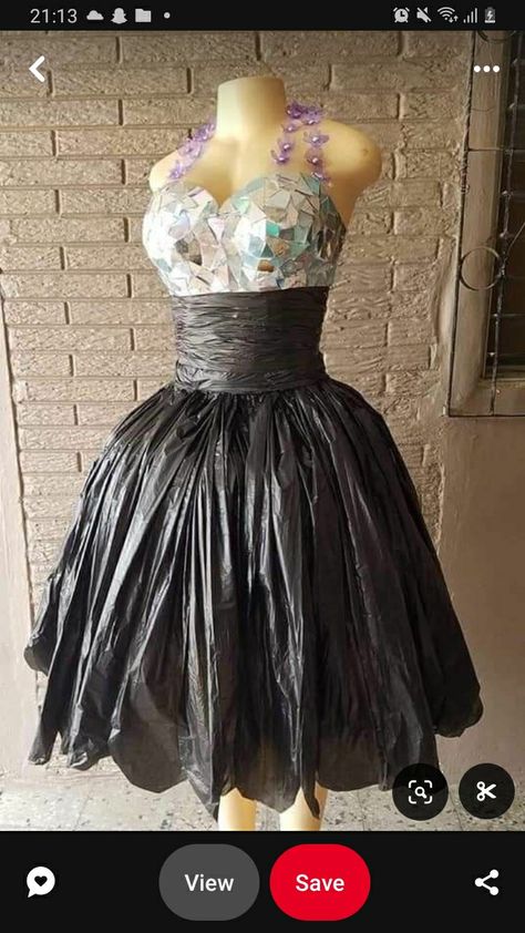 Dress Made Of Recycled Materials Diy, Polythene Dress, Outfits Made From Recycled Materials, Trash Fashion Show, Dress Made Out Of Recycled Materials, Trash Bag Dress Diy, Dress From Recycled Materials, Recycled Costumes Fashion Show, Trash Fashion Recycled