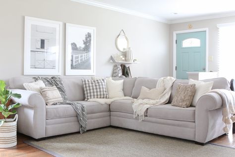 I turned to Bridget for her advice on how to style my new gray couch Grey Couch Decor, Light Gray Couch, Grey Couch, Clean Couch, Diy Playbook, Grey Couches, Couch Cushion Covers, Casa Country, Revere Pewter