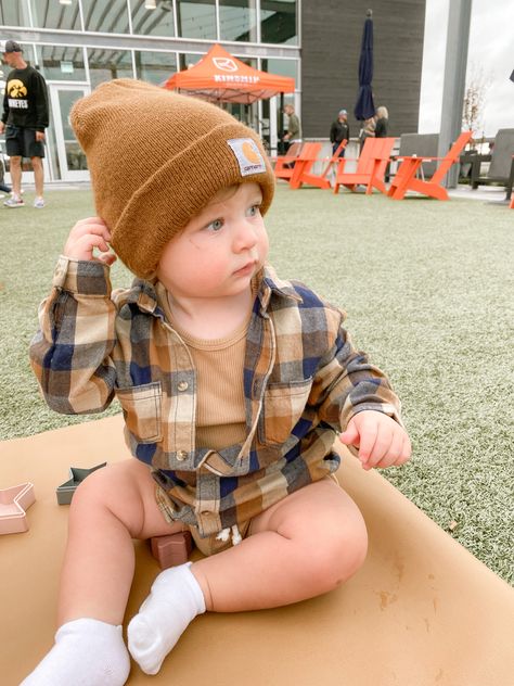 Boy Flannel Outfit, Carhart Beanie, Baby Boy Fall Outfits, Baby Clothes Country, Boys Flannel, Knit Beanies, Boys Fall Outfits, Baby Boy Hats