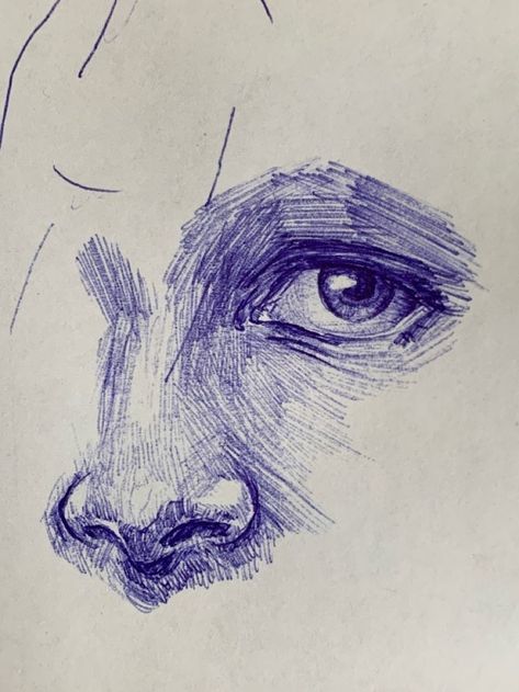 Nose Biro Drawing, How To Crosshatch A Face, Drawing Ideas With Blue Pen, Biro Pen Eye Drawing, Ballpoint Pen Eye Drawing, Drawing Ideas Ballpoint Pen, Pen Nose Drawing, Eye Drawing In Pen, Ink Drawing Ideas Sketchbooks