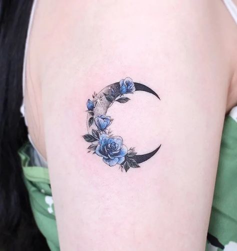 Blue Flower Tattoos, Tatoo 3d, Medium Tattoos, Small Moon Tattoos, Our Mindful Life, Blue Rose Tattoos, Moon Tattoos, Crescent Moon Tattoo, Fantasy Tattoos