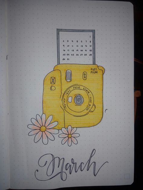 Polaroid Camera Aesthetic Drawing, March Bujo Spread, March Bujo, Journal Monthly Spread, April Bullet Journal, Bullet Journal Monthly, March Bullet Journal, Bullet Journal Monthly Spread, Camera Drawing