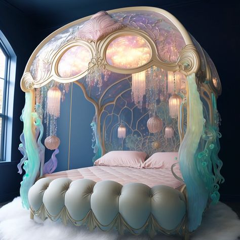 Mary Elizabeth on Instagram: “Jellyfish canopy beds | Which is your favorite? 🤔 . For #jellyfish #aiartdailytheme @ai_art_community . . #aiart #aiartfamily…” Ocean Inspired Bedroom, Weird Beds, Unusual Beds, Magical Bedroom, 80s Home, Cool Fish Tanks, Themed Kids Room, Canopy Beds, Fantasy Rooms