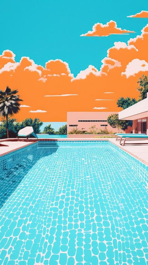 Wallpaper swimming pool architecture outdoors tranquility. | premium image by rawpixel.com / Bambamfefe Swimming Pool Mural Art, Pool Wallpaper, Swimming Pool Art Paintings, Pool Illustration, Swimming Pool Artwork, Swimming Pool Painting Art, Palm Tree Illustration, Vintage Swimming Pool Illustration, Pool Architecture