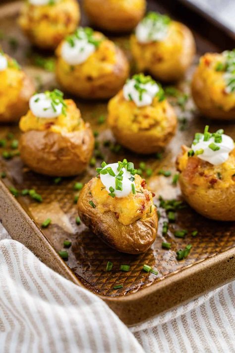 Mini Twice Baked Potatoes Appetizers, Mini Baked Potatoes Appetizers, Mini Twice Baked Potatoes, Mini Baked Potatoes, Baked Baby Potatoes, There Is No Spoon, Potato Appetizers, Mini Potatoes, Yellow Potatoes