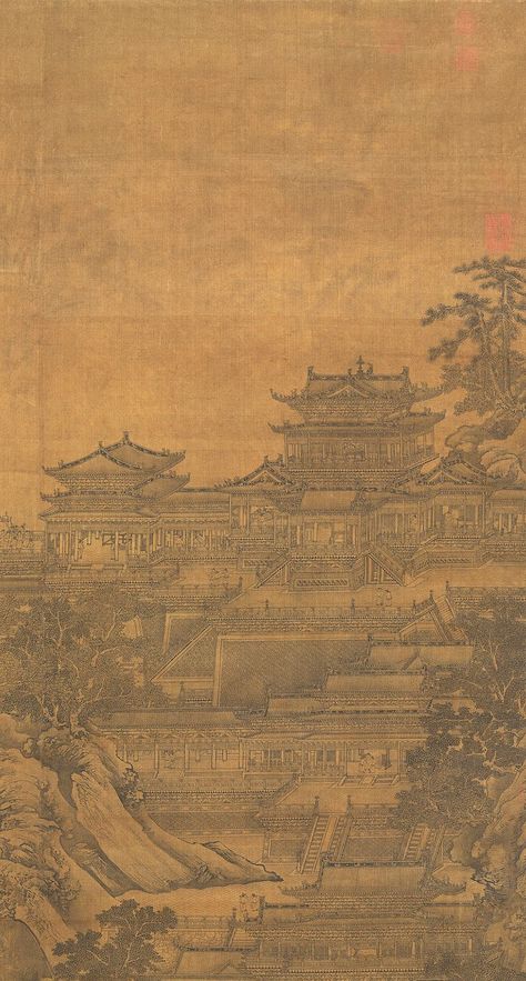 Part of painting "Palace of Han Empire" (汉苑图), by Li Rongjin (李容瑾) of the Yuan Dynasty (1271 — 1368) and now preserved in the Taipei Palace Museum, portrays the view of a magnificent palace of the Han Dynasty (202 BC — 220 AD). Han Dynasty Architecture, Han Dynasty Art, Ancient China Aesthetic, China Dynasty, Yuan Dynasty, The Han Dynasty, Chinese Paper, Han Dynasty, Eastern Art