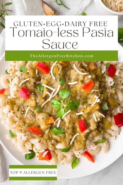 Tomato Free Pasta Sauce - GF/DF, Top 9 Free No Tomato Pasta, No Tomato Pasta Sauce, Tomato Free Pasta Sauce, Spaghetti Squash Sauce, Tomato Sauce Pasta, Tomato Spaghetti, Dairy And Gluten Free, Gluten Free Spaghetti, Tomato Pasta Sauce