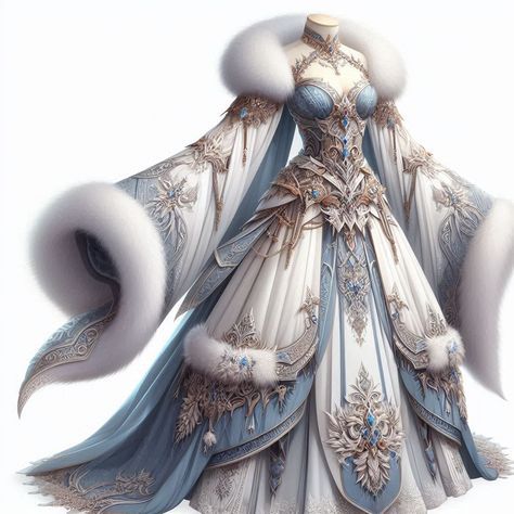 Winter Queen Outfit, Ice Fairy Aesthetic Outfit, Fantasy Winter Clothes Art, Fantasy Dress Concept Art, Fantasy Dress Design Art, Winter Ball Gowns, Winter Fantasy Dress, Queen Dress Royal Medieval, Elf Gown