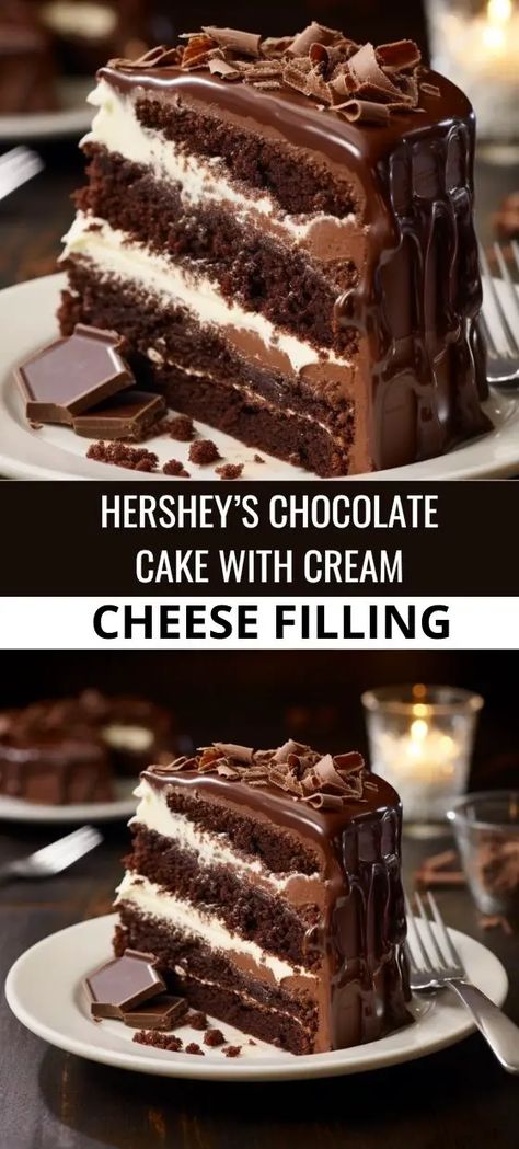 Hershey\'s Chocolate Cake with Cream Cheese Filling Hershey Cake, Hersheys Chocolate Cake Recipe, Chocolate Cake With Cream Cheese, Chocolate Cake Icing, Cake With Cream Cheese Filling, Hershey Chocolate Cakes, Hershey Recipes, Vanilla Cream Cheese Frosting, Cream Cheese Frosting Cake