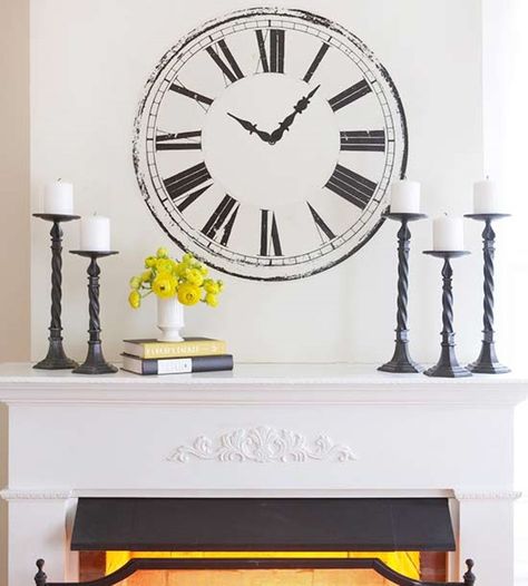 Clock Over Fireplace, Elegant Mantel Decorating Ideas, Elegant Mantel, Black Candlesticks, A Thoughtful Place, Gorgeous Fireplaces, Fireplace Mantel Decor, White Fireplace, Fireplace Wall