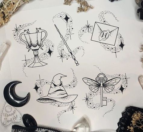 Harry Potter Flash, Harry Potter Tattoo Unique, Spell Art, Hogwarts Tattoo, Harry Potter References, Harry Potter Sketch, Satanic Tattoos, Harry Tattoos, Hp Tattoo