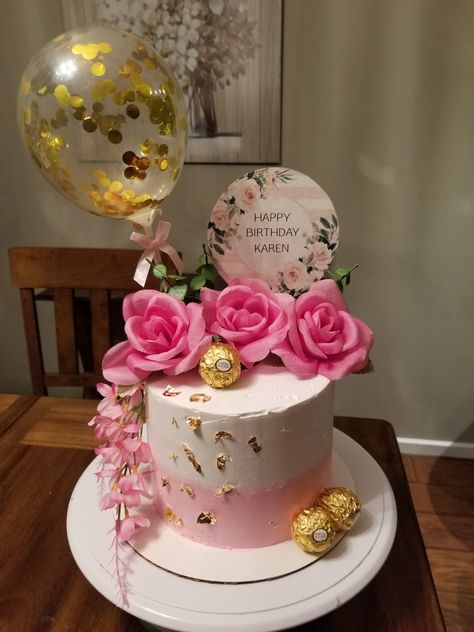 Birthday cake made with whipped cream  artificial flowers cake topper and a gold balloon Cake With Artificial Flowers, Artificial Flower Cake, Flower Cake Toppers, Flowers Cake, Gold Balloons, Birthday Photo, Cake Inspiration, Flower Cake, Birthday Photos