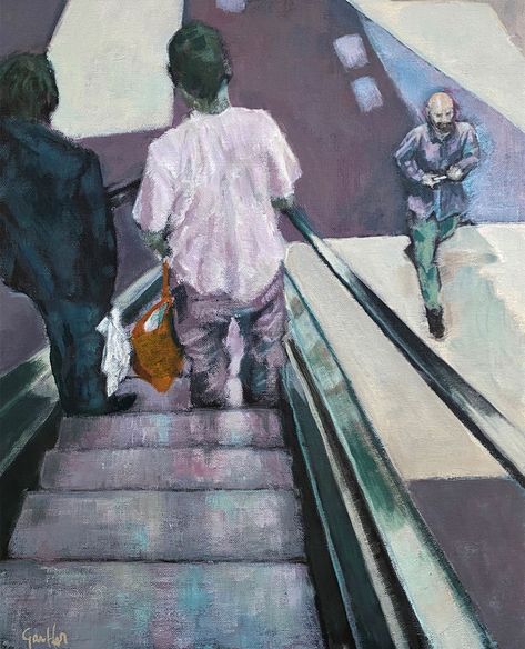 “Escalator” – Acrylic paint on canvas. (2018). Inspired by the mundane activity of shopping and the idea of movement. Location Lyon France. All of Graham Stringers acrylic paintings in canvas reflect the things around him. Documenting his daily life, searching for the beauty in the mundane, Graham creates snapshots of the ‘everyday’. Mundane Life Art, Mundane Life Paintings, Beauty In Mundane, The Mundane Art, Daily Life Sketches, Mundane Painting, Mundane Artwork, Acrylic Painting Person, Metro Painting