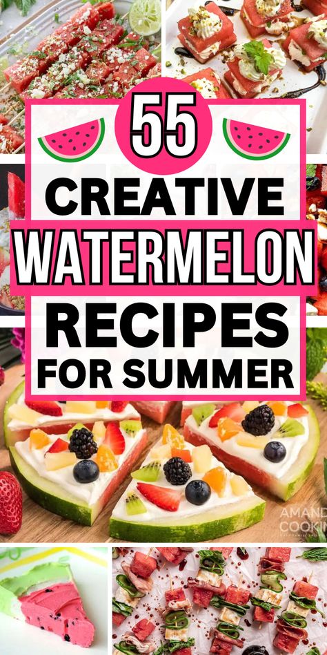 Quick summer recipes using fresh watermelon. These easy watermelon recipes include appetizers, desserts, healthy snacks, and dinners. Baked Watermelon Recipes, Fresh Watermelon Recipes, Watermelon Themed Food, Recipes Using Watermelon, Watermelon Side Dish, Summer Easy Recipes, Watermelon Mocktails, Grill Dinners, Watermelon Recipes Dessert