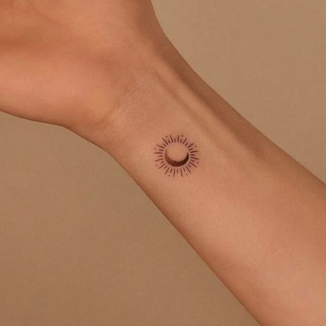 Moon tattoo, sun tattoo, astrology, galaxy, small tattoo, tattoo Galaxy Small Tattoo, Sun Ring Tattoo, Solar Eclipse Tattoo Ideas, Solar Eclipse Tattoo Design, Sun And Moon Tattoo Placement, Small Sun Moon And Stars Tattoo, Moon Star And Sun Tattoo, Eclipse Tattoo Minimalist, Solar Eclipse Tattoo