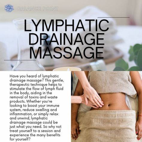 Have you tried lymphatic drainage massage? 🌿💆‍♂️ This gentle technique boosts lymph fluid flow, helping to remove toxins, reduce swelling, and promote relaxation. Treat yourself to a session and feel the benefits!  #BalancePoint #KelownaWellness #LymphaticDrainage #Detox #RelaxAndUnwind Massage Advertising, Beauty Cabin, Drainage Massage, Point Acupuncture, Lymph Fluid, Lymph Drainage, Reduce Swelling, Massage Benefits, Integrative Medicine