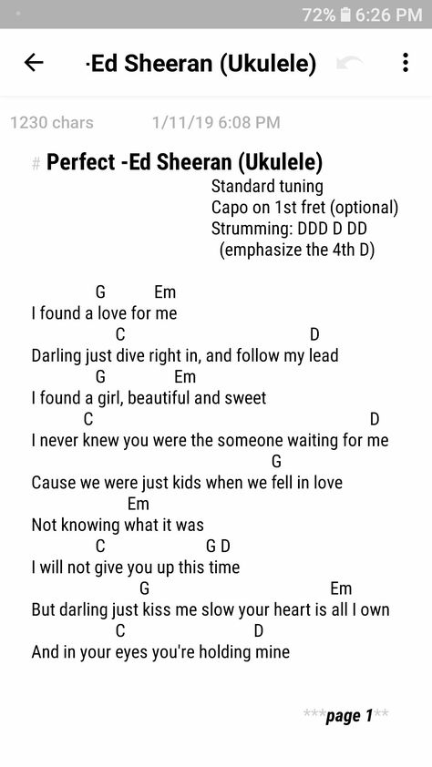 Perfect -Ed Sheeran page 1/2 Elise Ecklund on youtube Perfect Ukulele Chords, Looking Out For You Ukulele Chords, Ukulele Tabs Fingerpicking, E Chord On Ukulele, Perfect Ed Sheeran Guitar Chords, Hey There Delilah Guitar Chords, Ed Sheeran Ukulele, Akordy Na Ukulele, Uke Chords