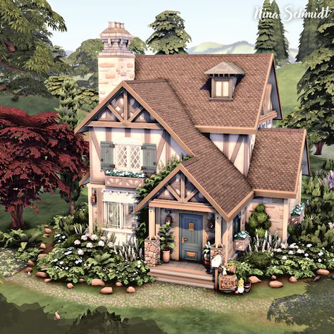 Cottage House Plans Sims 4, Sims 4 Floor Plans Cottage, Cottagecore Floor Plan, Sims 4 Cottagecore Build, Cottage Living Sims 4 House Layout, Small Cottage House Sims 4, Cottagecore House Sims 4 No Cc, Sims 4 Cottage Family Home, Cottage Core Sims 4 House