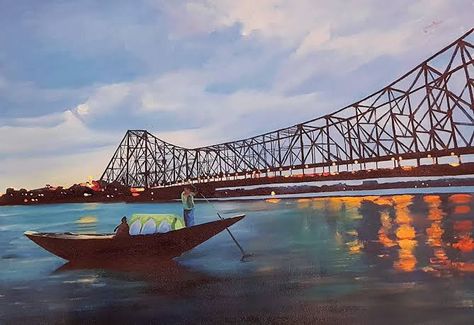 Howrah Bridge Drawing, Calcutta Painting, Kolkata Sketch, Kolkata City Drawing, Howrah Bridge, Kolkata City, Watercolor Reference, Village Scene Drawing, Water Paint Art