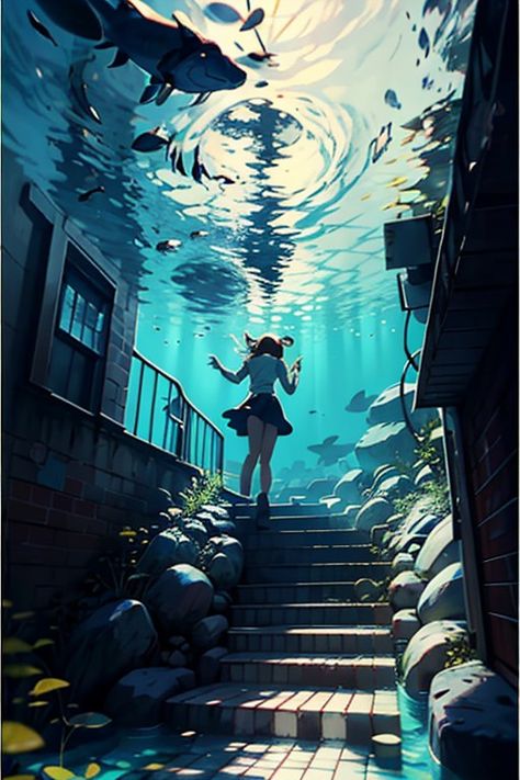 Underwater People Art, Fish In Water Aesthetic, Under Water Digital Art, How To Draw Underwater Scene, Hair Under Water, Under Water Aesthetic, Water Rendering, Under Water Drawing, Above And Below Water