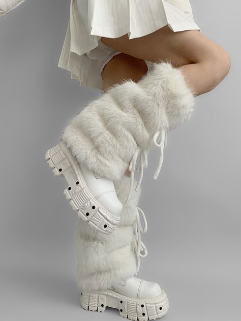 Step into the enchanting world of autumn and winter fashion with our White Self-tie Bowknots Faux Fur Leg Warmers. Adorned with delicate, self-tie bowknots, these leg warmers offer a customizable fit and an extra dose of kawaii cuteness. The classic white hue complements any outfit. Garment Size SizeFree SizeFull Length40Cuff28/42 White Boots With Fur, White Fur Accessories, Flared Leg Warmers Outfit, Leg Warmers Fur, White Fur Leg Warmers, White Rave Fit, White Fluffy Outfit, White Grunge Outfit, Christmas Clothes Aesthetic