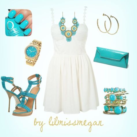 "turquoise & gold" by lilmissmegan on Polyvore Turquoise Outfit, 80s Outfit, Beachwear Fashion, Just Style, Beauty Clothes, Spring Summer Dress, Set Outfit, White Fashion, Polyvore Outfits