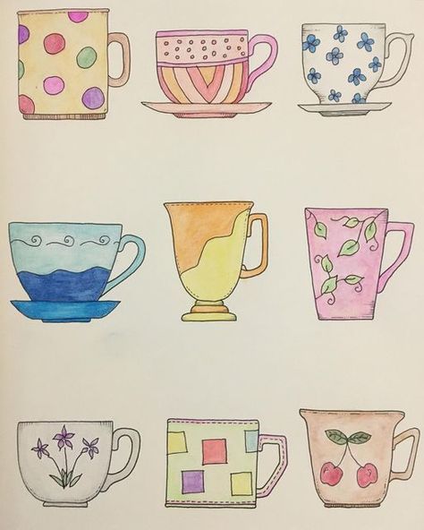 Mug Watercolor Painting, Grouper Painting, Watercolor Teacup, Watercolor Whimsy, Reflections Art, Watercolor Mug, Mug Drawing, Color Pencil Illustration, Coffee Cup Art