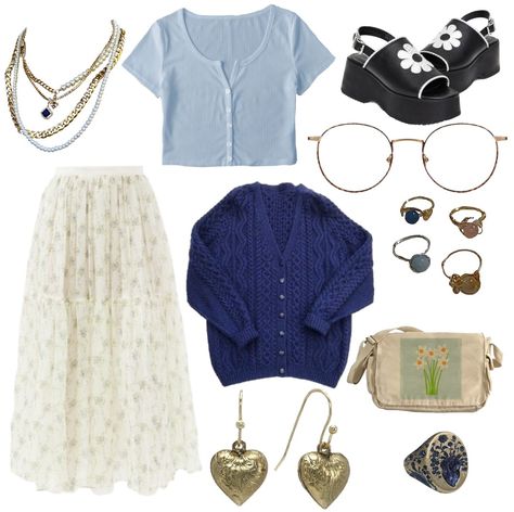 Blue Cottagecore Aesthetic Outfits, Blue Cottagecore Outfit, Deconstructed Outfits, Cottagecore Aesthetic Outfits, Cottagecore Outfit Ideas, Cottagecore Fits, Cafe Outfit, Blue Cottagecore, Nature Outfits