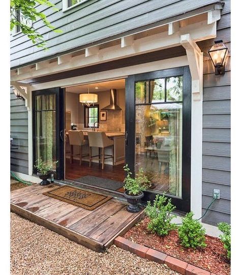 Double sliders: A great look for connecting our kitchen to the back patio and deck! Sliding Patio Screen Door, Sliding French Doors Patio, Kitchen Patio Doors, Exterior Patio Doors, Awning Ideas, Patio Screen Door, Door Awning, Sliding French Doors, Farmhouse Exterior Design