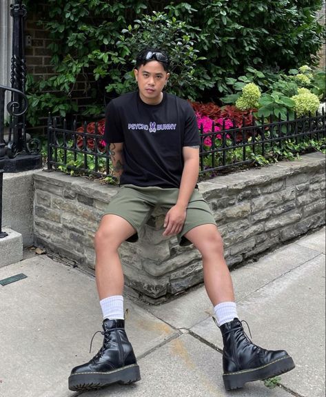 Combat Boot Outfits Summer Men, Docs And Shorts Men, Docs With Shorts Men, Dr Martens Outfit Summer Men, Doc Martens With Shorts Men, Dr Martens Shorts Outfits, Platform Docs Outfit Men, Platform Doc Martens Outfit Men, Shorts Doc Martens Outfit