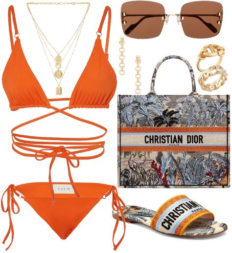 Orange bikini Outfit | ShopLook Polyvore Swimsuit Outfits, Orange Swimsuit Outfit, Orange Beach Outfit, Orange Bikinis, Summer Vacay Outfits, Cute Vacation Outfits, Orange Swimsuit, Trendy Swimsuits, Swimsuits Outfits