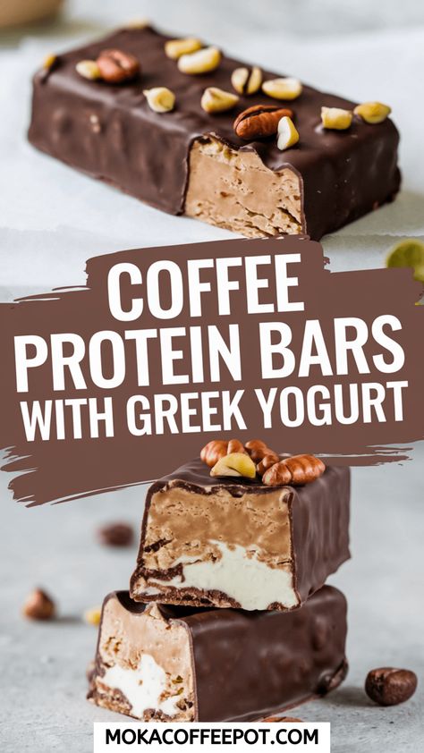 Coffee Protein Bars with Greek Yogurt Recipe Greek Yogurt Protein Bars, Yogurt Protein Bars, Protein Mix Recipes, Greek Yogurt Recipe, Chocolate Protein Bars, Healthy Homemade Snacks, Espresso Recipes, Protein Yogurt, Cold Coffee Recipes