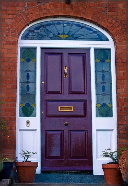 PURPLE DOORS | purple front door http://www.mcdonegal1.com/Architecture/Doors/Purple ... Purple Front Door Colors, Purple Front Door, Modern Victorian Home, Purple Front Doors, Colors With Red Brick, Black Building, Trendy Door, Ideas For Front Porch, Orange Brick