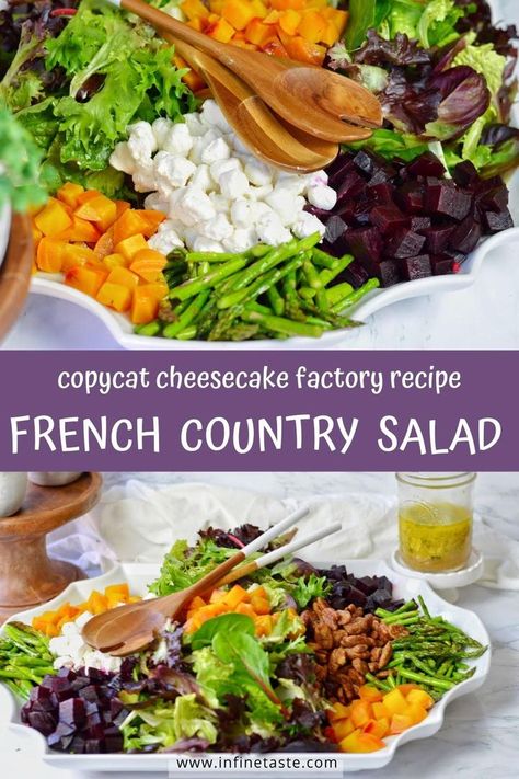 salad on platter with title in center. Cheesecake Factory Salads, Country Salad, Colorful Salad Recipes, Cheesecake Factory Recipe, Thyme Vinaigrette, Garlic Salad Dressing, Lemon Vinaigrette Dressing, Colorful Salad, Cheesecake Factory Recipes