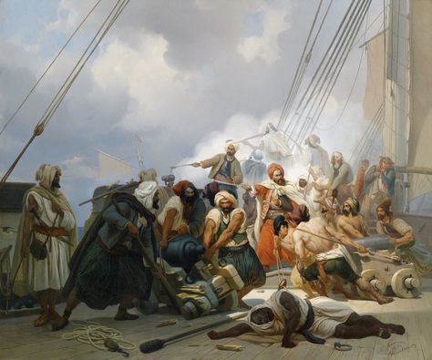 Barbary Pirates by Niel Simonsen | Benbouzid | Flickr Battlefield Painting, Orientalist Art, Barbary Pirates, Barbary Coast, Black Planet, Pirate Art, Marine Painting, Jolly Roger, Black Flag