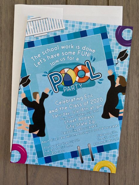 Graduation Pool Party, School is done let's have FUN!, Graduation Party Invitations High School Graduation Pool Party, Pool Party Graduation, Graduation Pool Party, School Pool Party, School Pool, Elementary School Graduation, Elementary Graduation, 5th Grade Graduation, Senior Graduation Party