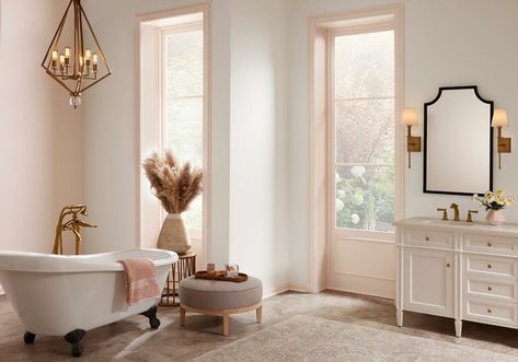 Benjamin Moore Malted Milk, Whole House Color Palette, House Color Palette, White Interior Paint, Blush Hair, Pink Paint Colors, Color Of The Month, Month April, Open Concept Home