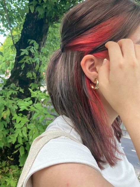 Brunette With Red Streaks, Under Dyed Hair Red And Brown, Half And Half Hair Color Underneath Red, Half Dyed Red Hair, Red Peekaboo Brown Hair, Half Brown Half Red Hair Underneath, Red Hair Bottom Layer, Brown Hair With Red Peak A Boo, Under Hair Dye Red And Brown