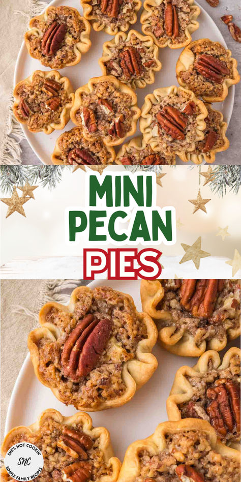 Mini pecan pies on a white plate. Mini Pie Graham Cracker Crust, Pecan Pie Mini Pies, Desserts That Don’t Need Refrigeration, Mini Pies Thanksgiving, Quick Winter Desserts, Make Ahead Mini Desserts, Individual Pie Recipes, Mini Holiday Desserts, Mini Pecan Pie Recipes