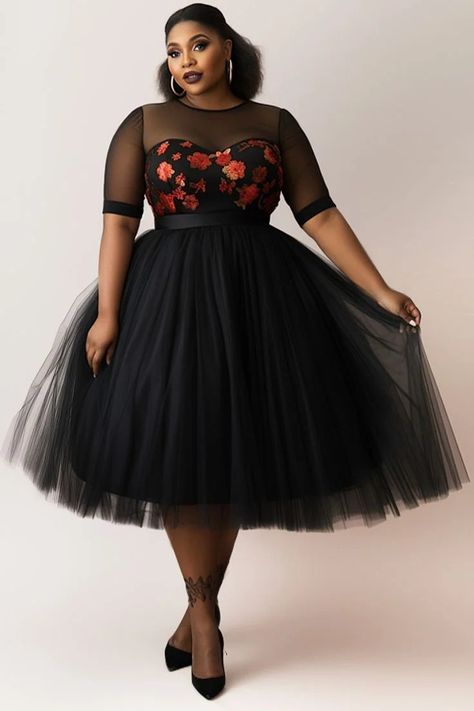 Plus-Size Fashion Styles For Women » YKM Media Round Dress Design, Tea Party Outfits For Black Women, A Line Dresses For Women, Plus Size Semi Formal, Party Outfit Plus Size, Plus Size Floral Dress, Summer Tips, Black Floral Print Dress, Dresses Occasion