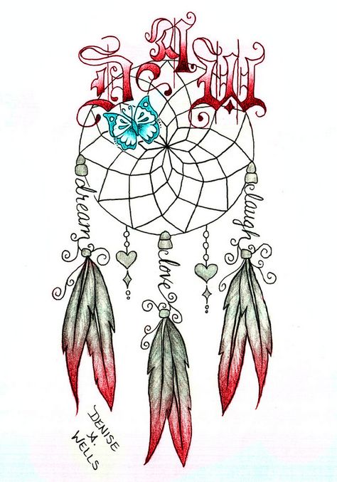 Dream Catcher tattoo by Denise A. Wells including butterfly, feathers, hanging charms, lettering and initials. Google my name for more of my tattoo designs! Dreamcatcher Drawing, Feather Ideas, Tattoo Couples, Bow Tattoo Designs, Irish Twins, Dream Catcher Tattoo Design, Butterfly Back Tattoo, Hanging Charms, Tattoos With Kids Names