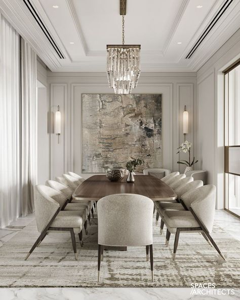 Modern Luxe Dining Room, Elegant Dining Room Luxury, Modern Classic Dining Room, Large Dining Room Table, Dining Room Design Luxury, Modern Classic Interior, Classic Dining Room, Neoclassical Interior, Dining Room Contemporary